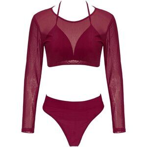 NEW Burgundy 3pc Mesh Bikini Set - XL Sheer Long Sleeve Coverup high waisted